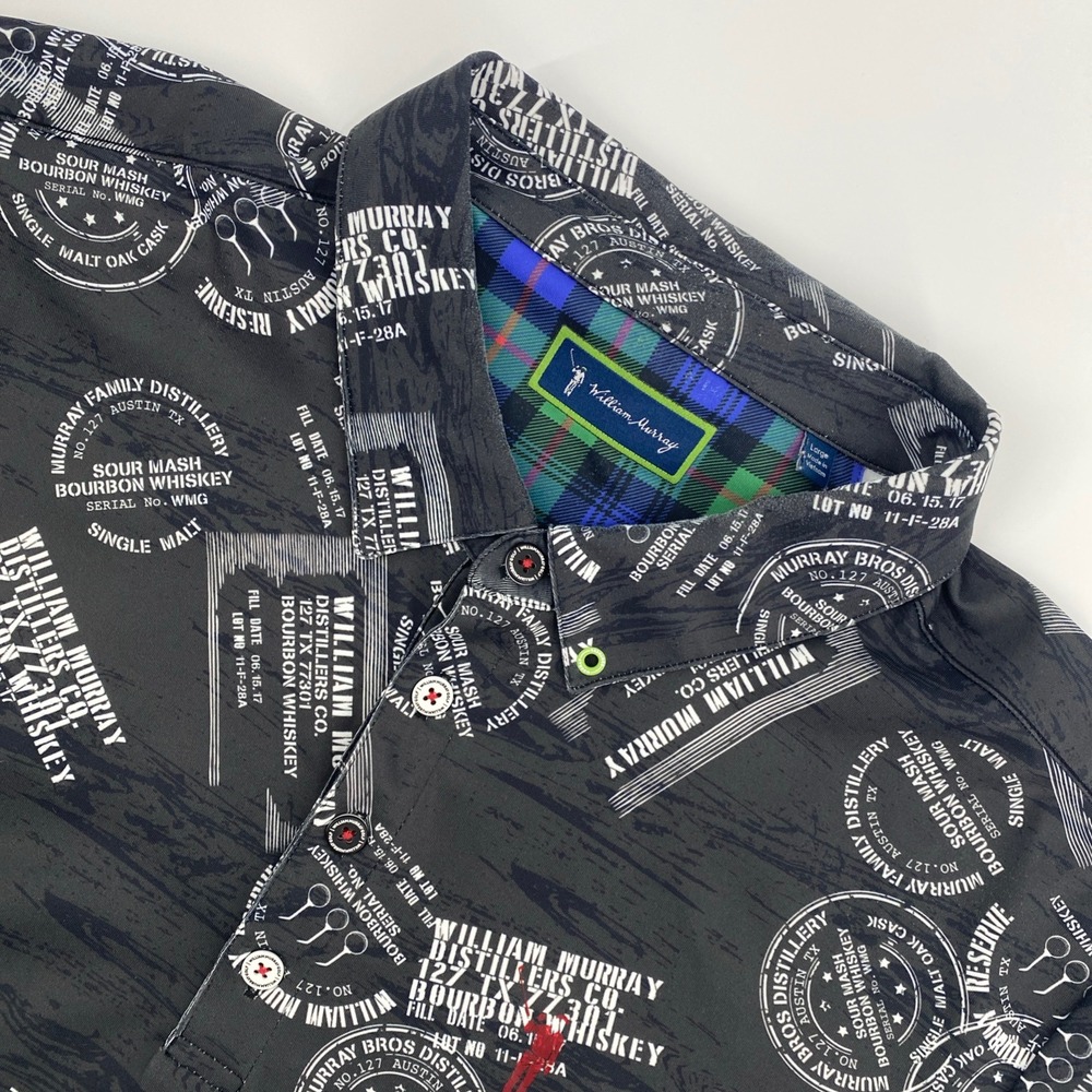 William Murray Golf Polo Mens Large Black Bourbon Distillery All Over Print